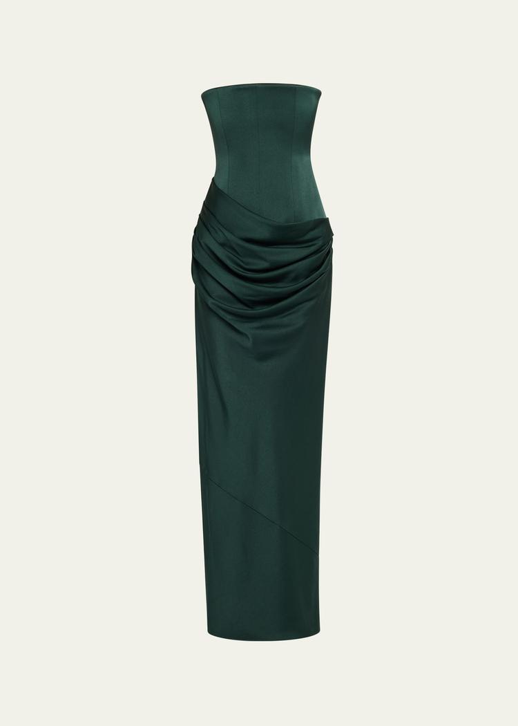 strapless draped satin crepe gown