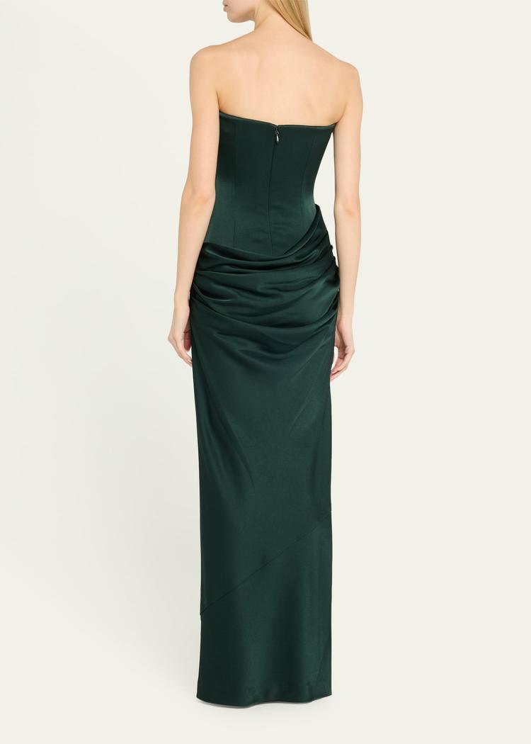 strapless draped satin crepe gown
