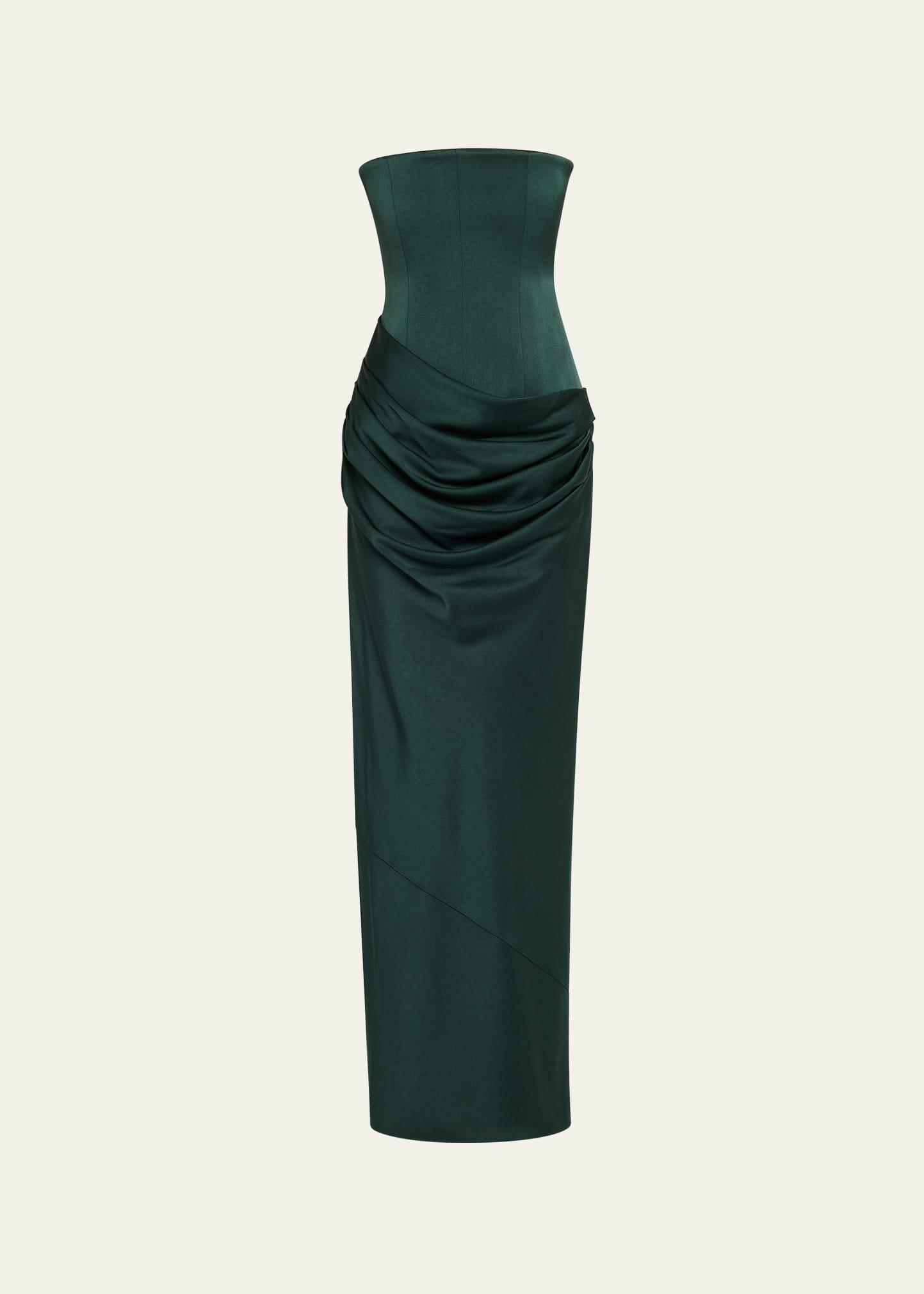 strapless draped satin crepe gown