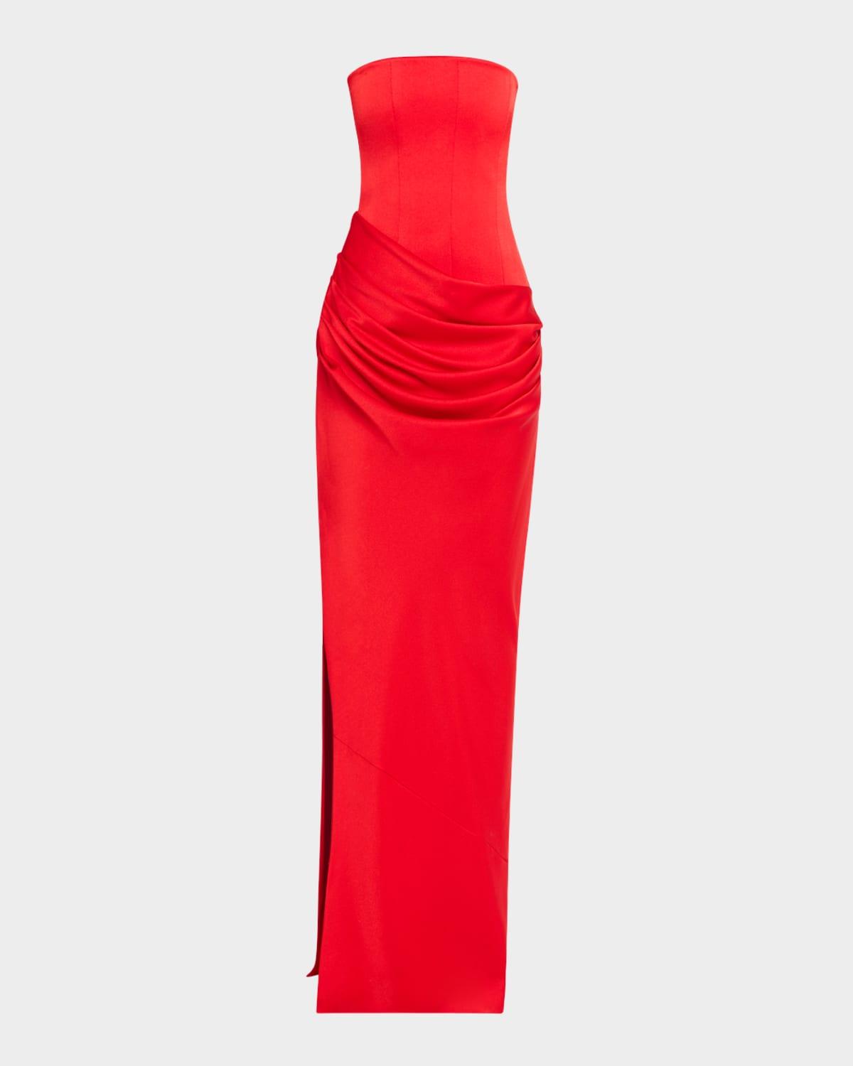 strapless draped satin crepe gown