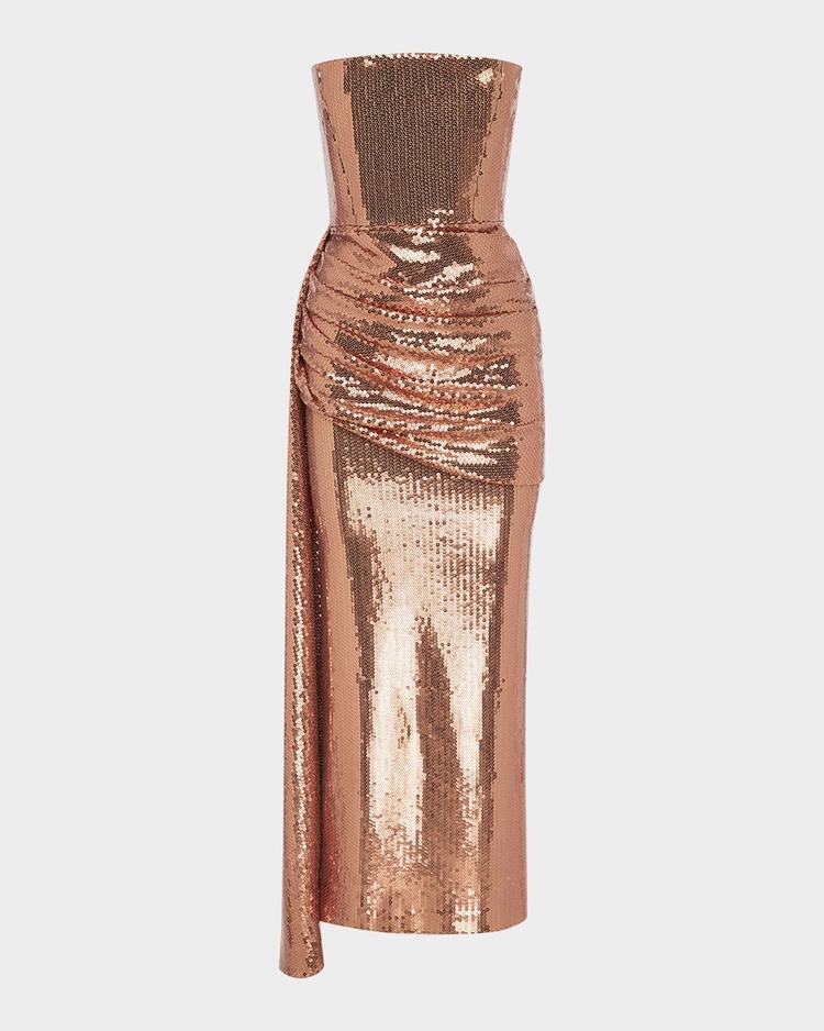 strapless draped sequin mesh midi dress