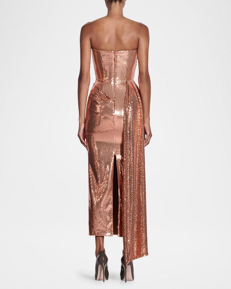 strapless draped sequin mesh midi dress