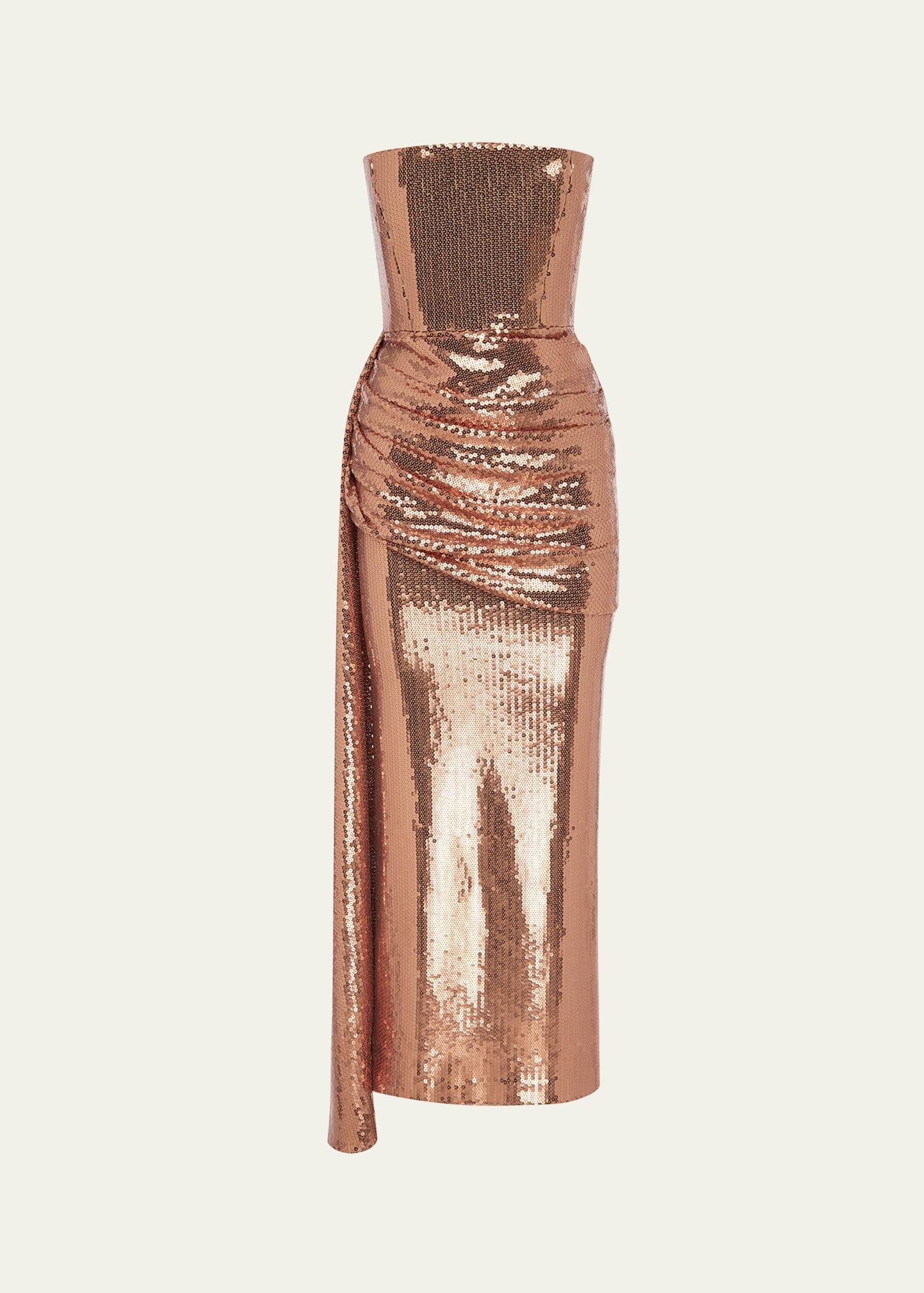 strapless draped sequin mesh midi dress
