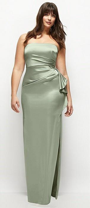 strapless draped skirt satin maxi dress with cascade ruffle