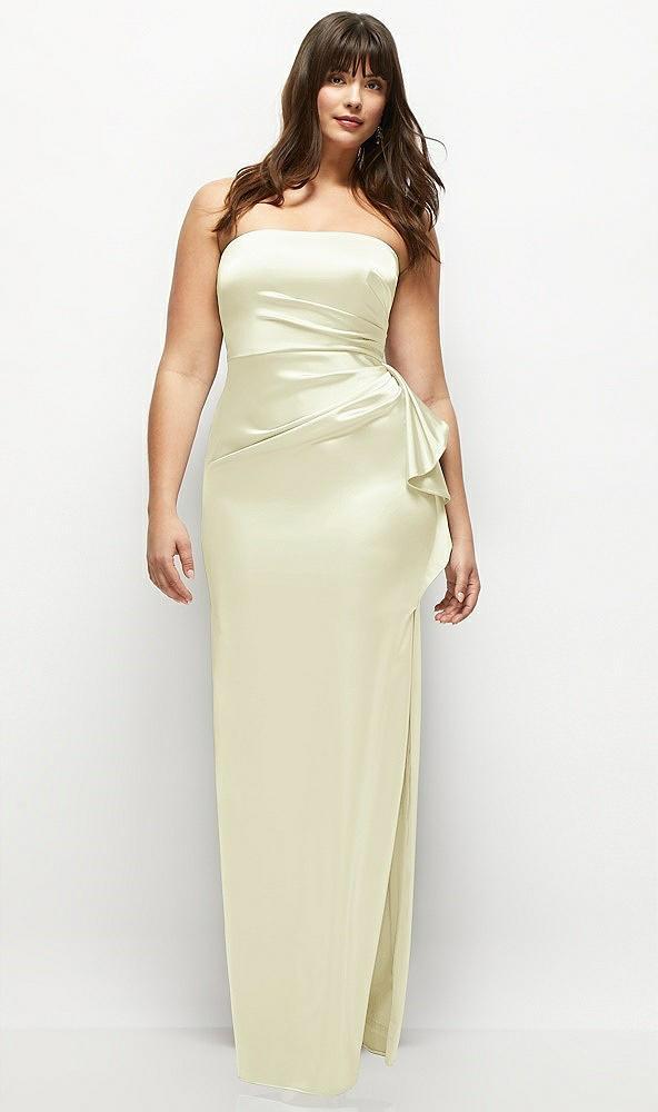 strapless draped skirt satin maxi dress with cascade ruffle