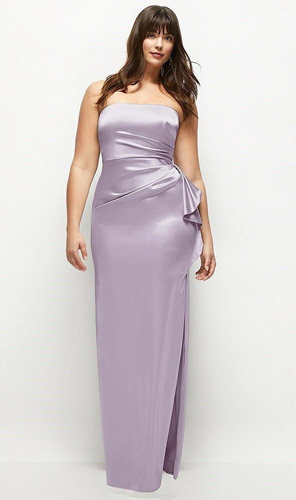 strapless draped skirt satin maxi dress with cascade ruffle