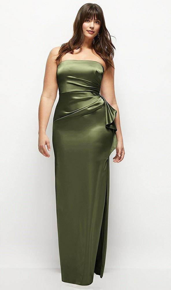 strapless draped skirt satin maxi dress with cascade ruffle