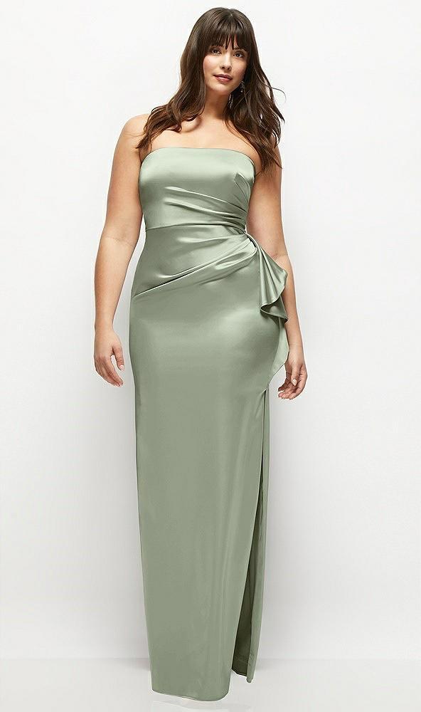 strapless draped skirt satin maxi dress with cascade ruffle