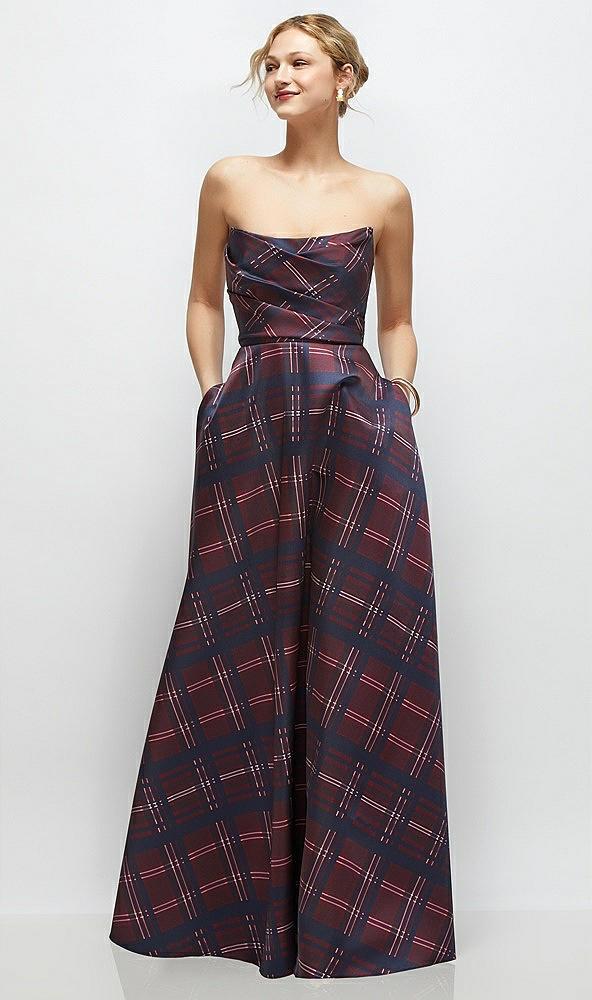 strapless draped tartan cat-eye satin maxi dress with full skirt