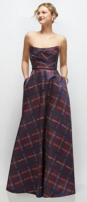 strapless draped tartan cat-eye satin maxi dress with full skirt
