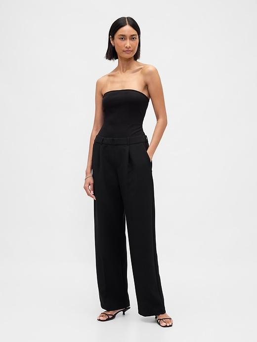 strapless drop-waist mixed media jumpsuit