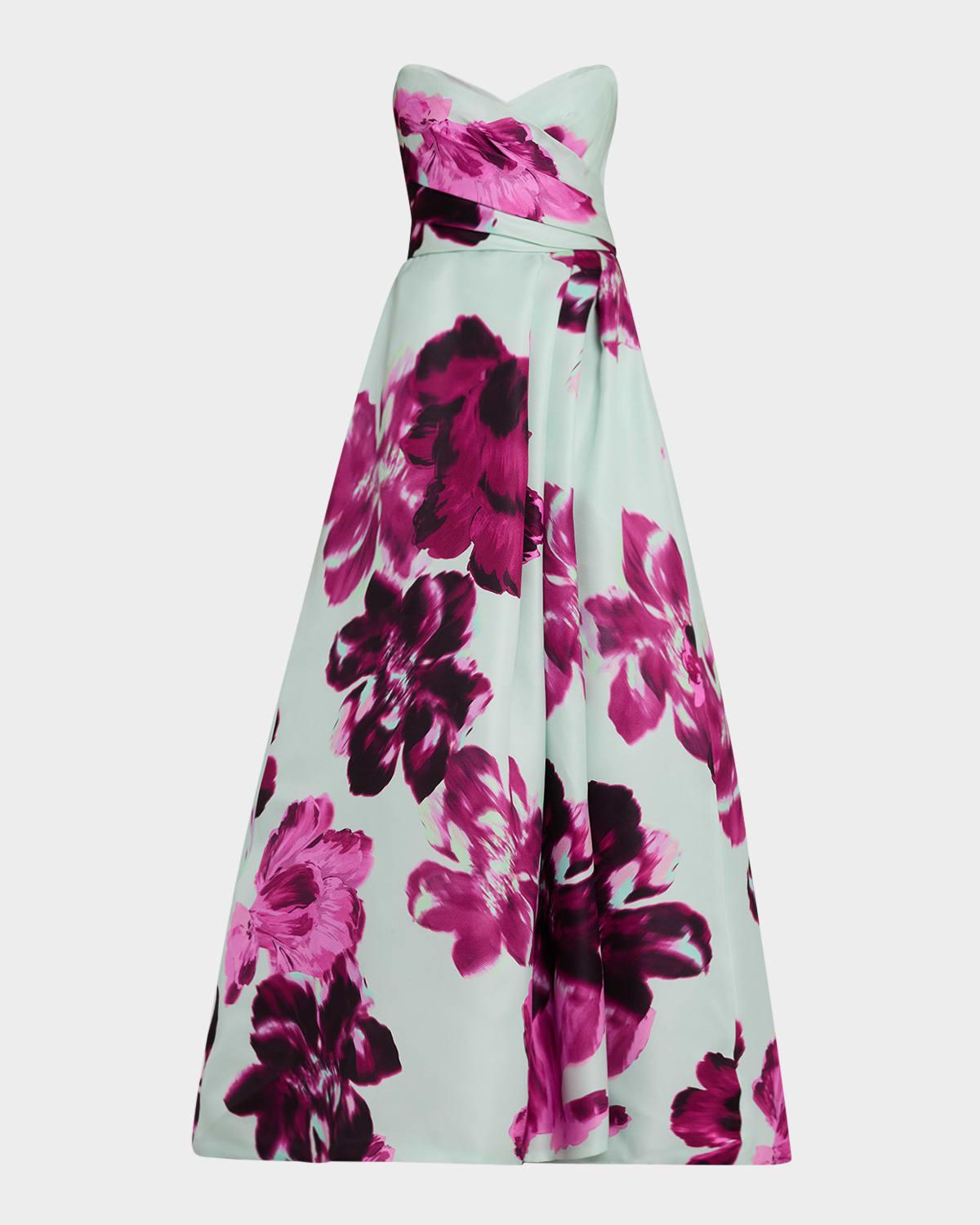 strapless electric floral print gazar silk gown