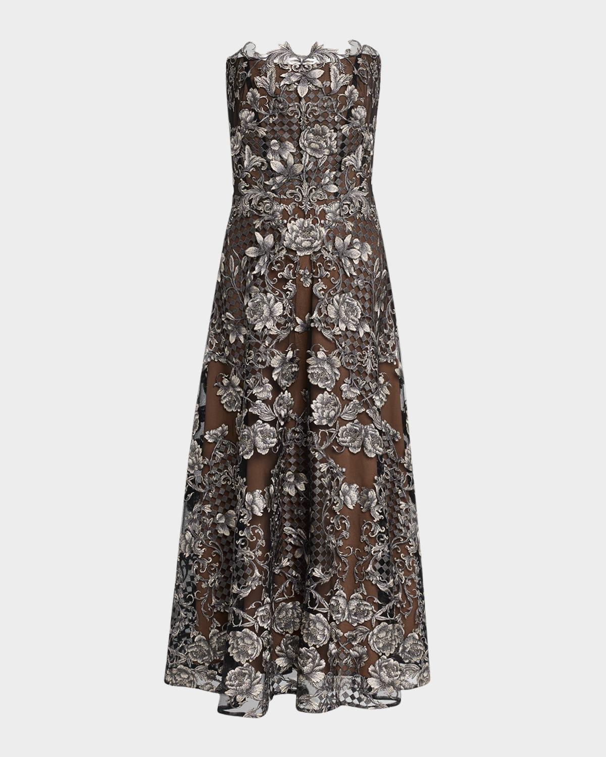 strapless embroidered applique tulle midi dress