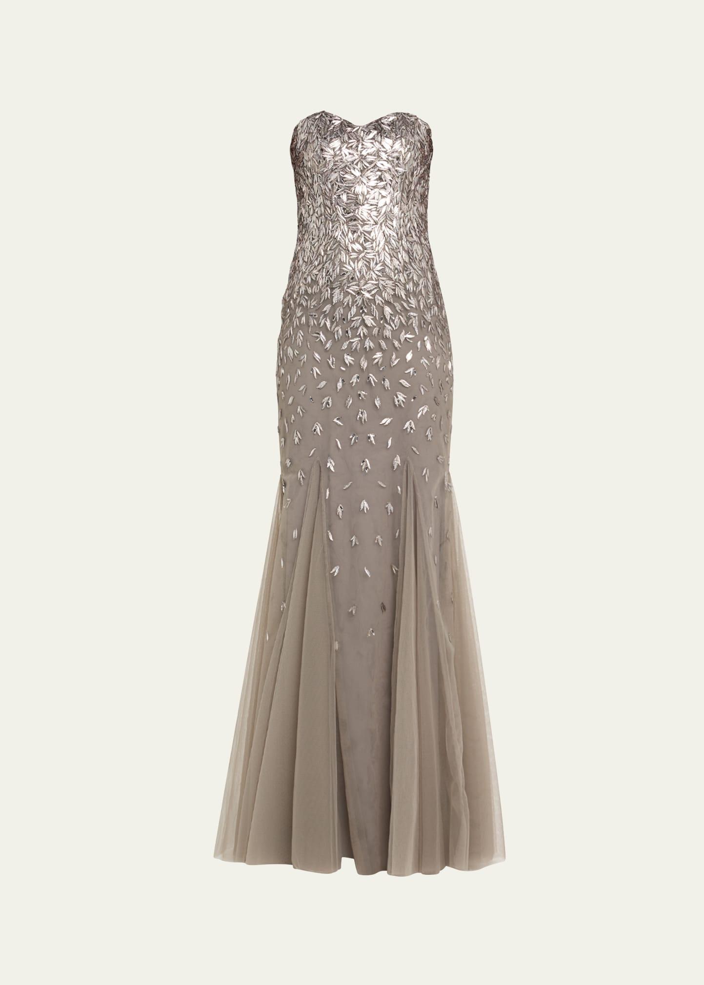strapless embroidered degrade godet gown