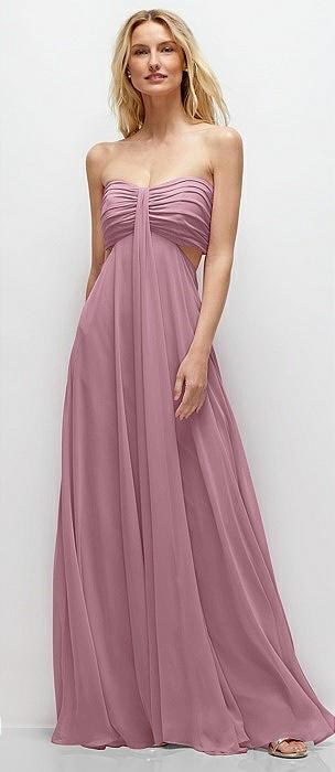 strapless empire waist cutout maxi dress with covered button detail