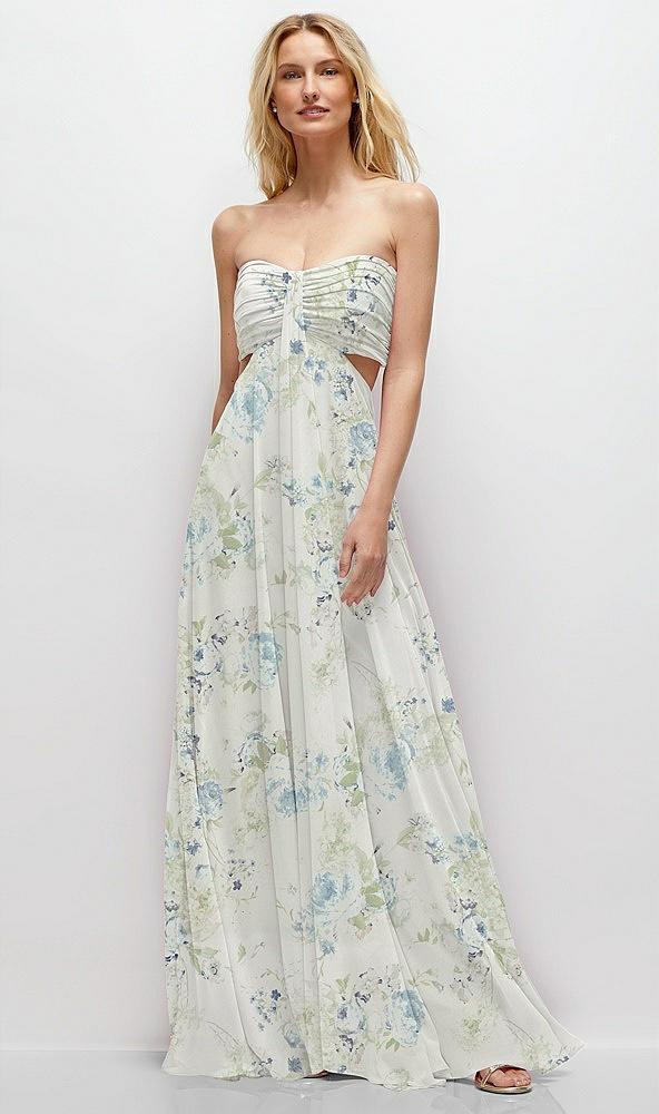 strapless empire waist cutout maxi dress with covered button detail