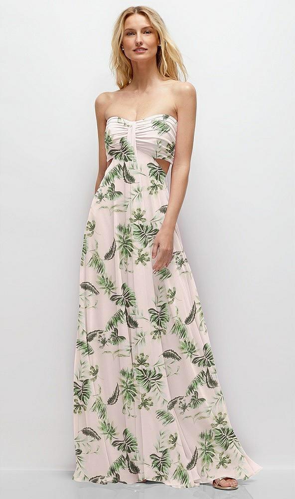 strapless empire waist cutout maxi dress with covered button detail