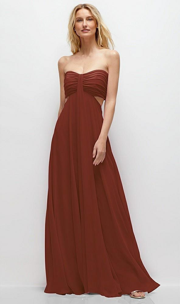 strapless empire waist cutout maxi dress with covered button detail
