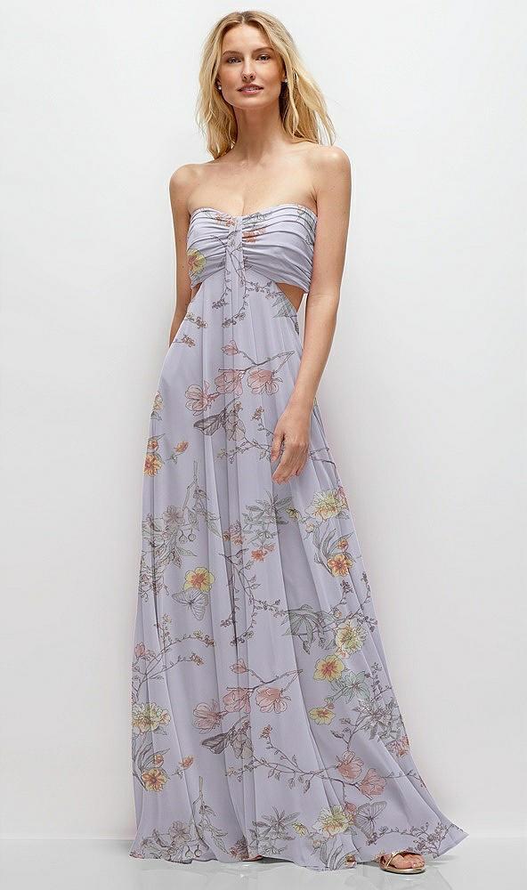 strapless empire waist cutout maxi dress with covered button detail