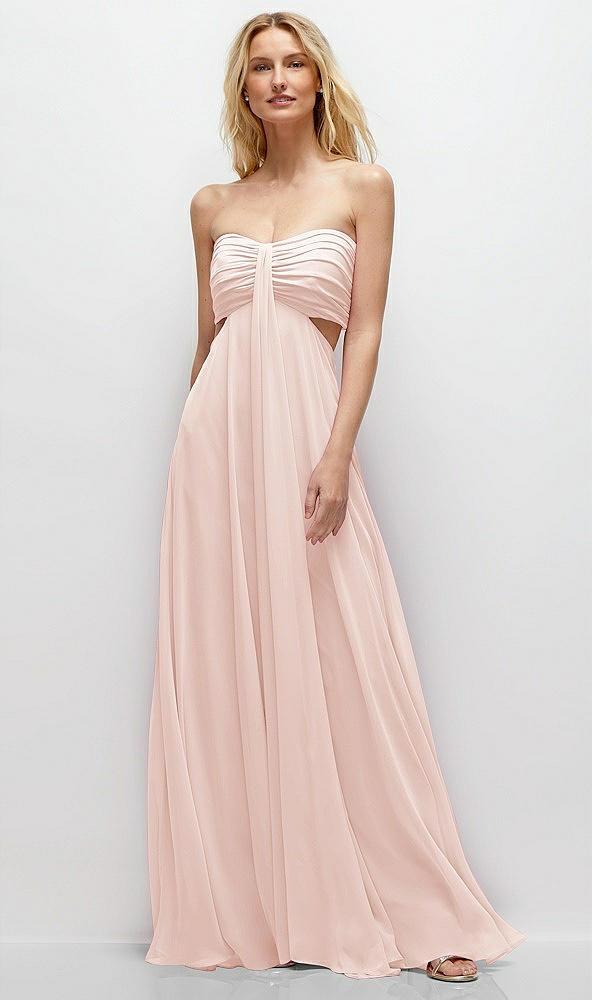 strapless empire waist cutout maxi dress with covered button detail