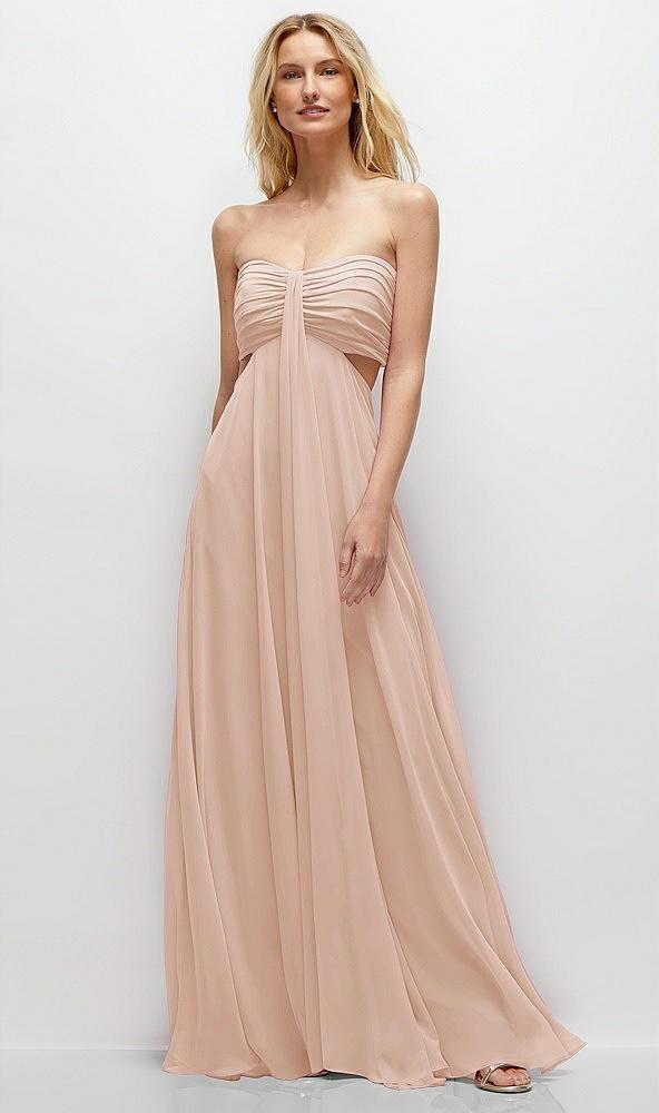 strapless empire waist cutout maxi dress with covered button detail