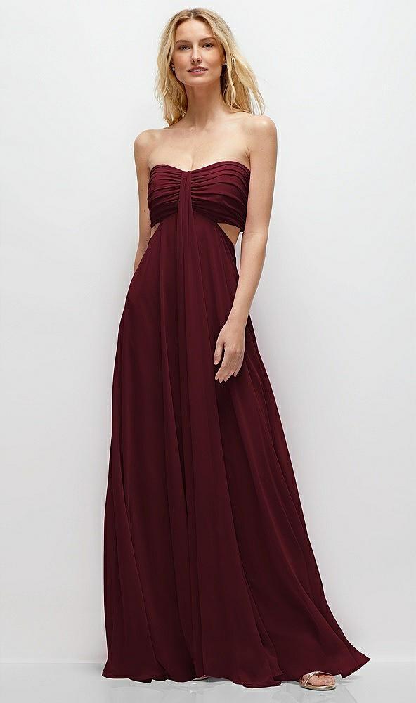 strapless empire waist cutout maxi dress with covered button detail