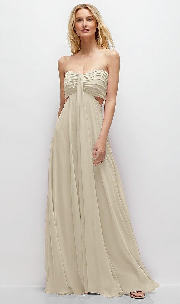 strapless empire waist cutout maxi dress with covered button detail