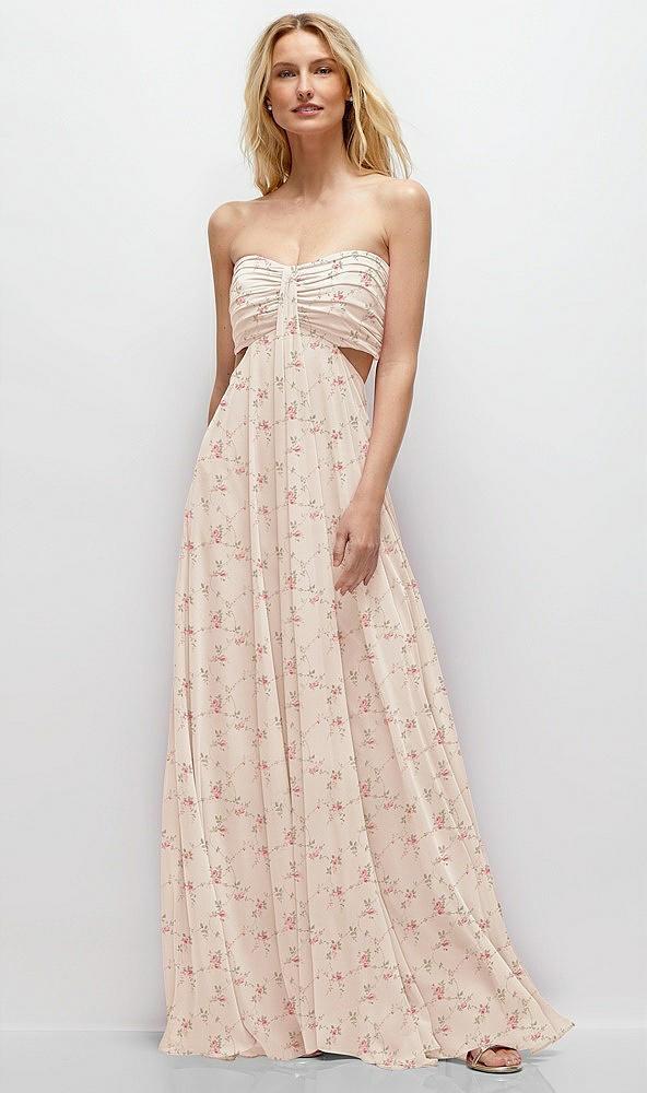 strapless empire waist cutout maxi dress with covered button detail