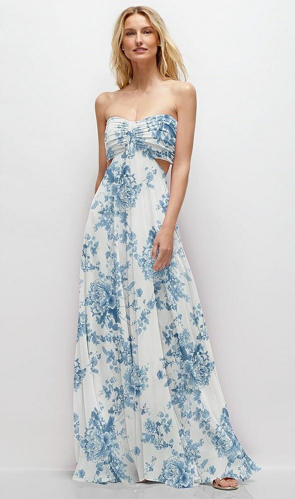 strapless empire waist cutout maxi dress with covered button detail