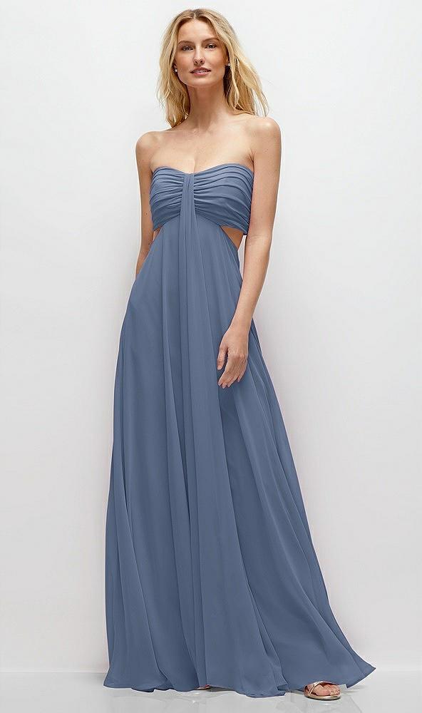 strapless empire waist cutout maxi dress with covered button detail