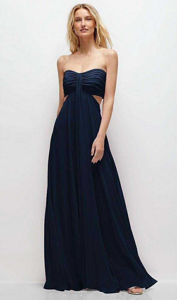 strapless empire waist cutout maxi dress with covered button detail