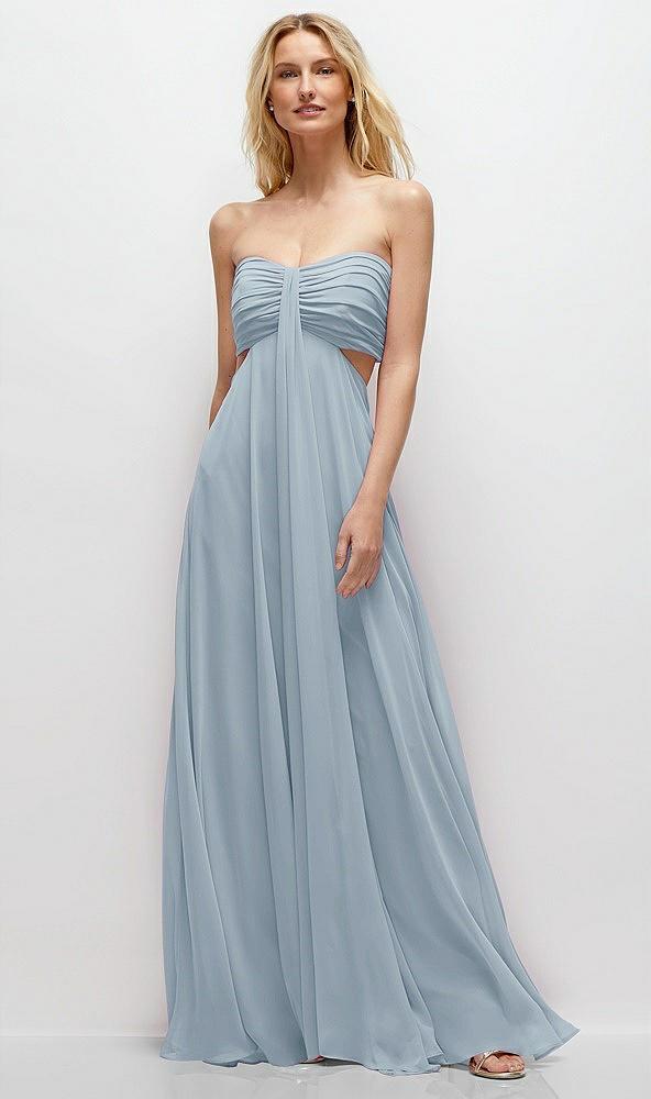 strapless empire waist cutout maxi dress with covered button detail