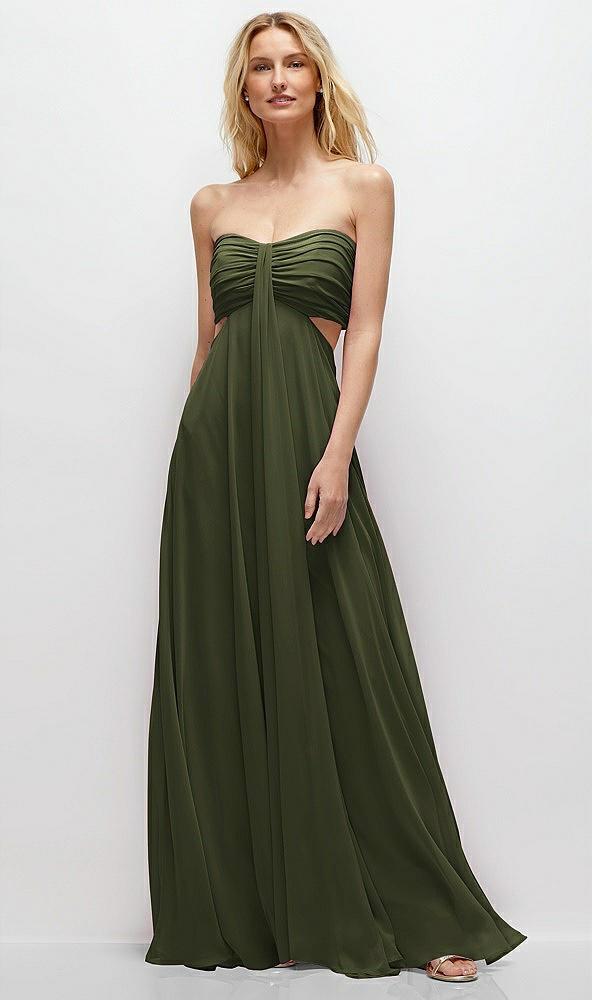 strapless empire waist cutout maxi dress with covered button detail