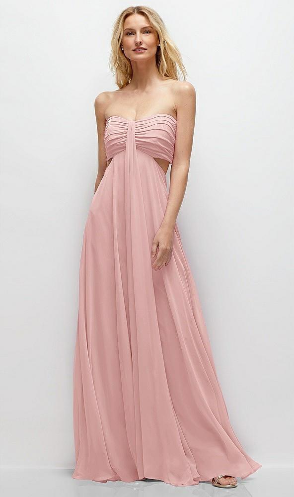 strapless empire waist cutout maxi dress with covered button detail