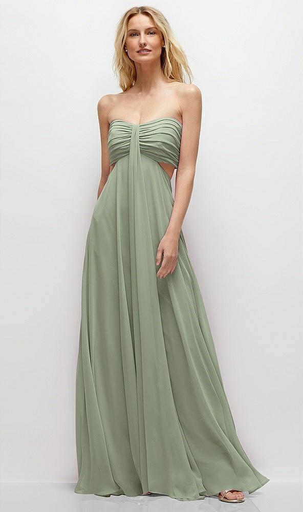 strapless empire waist cutout maxi dress with covered button detail
