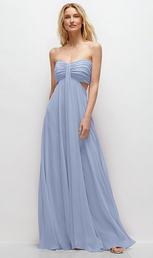 strapless empire waist cutout maxi dress with covered button detail