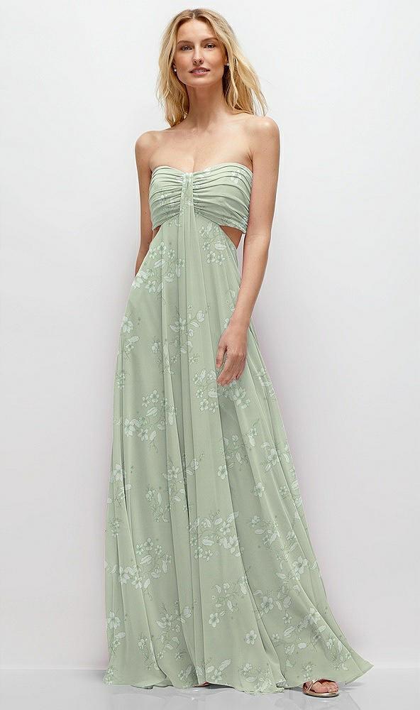 strapless empire waist cutout maxi dress with covered button detail