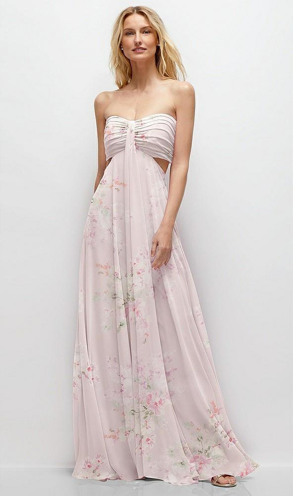 strapless empire waist cutout maxi dress with covered button detail
