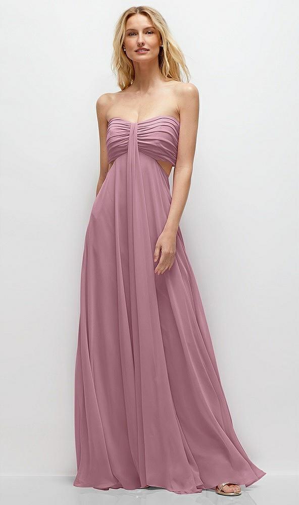 strapless empire waist cutout maxi dress with covered button detail