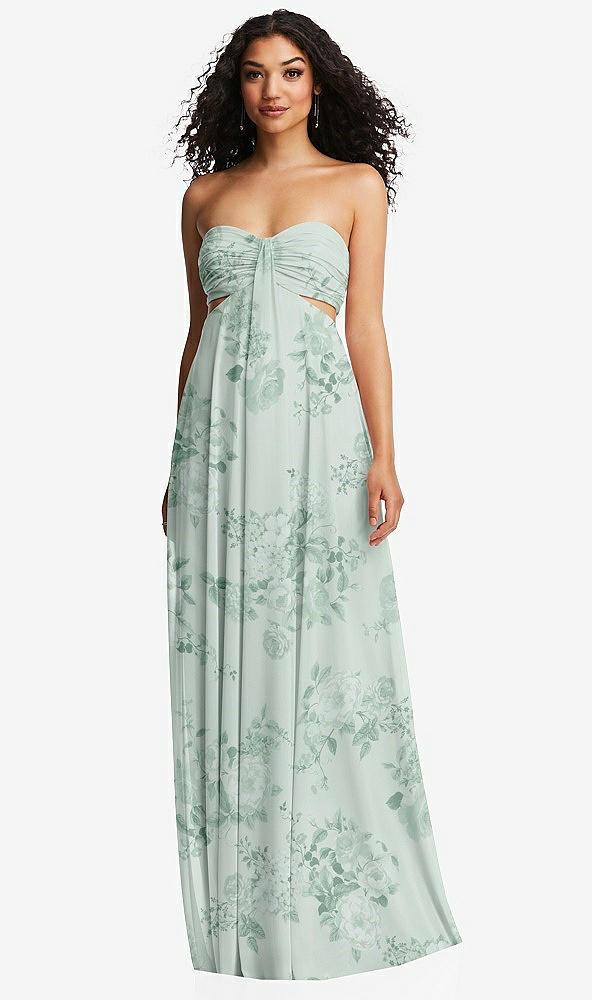 strapless empire waist cutout maxi dress with covered button detail