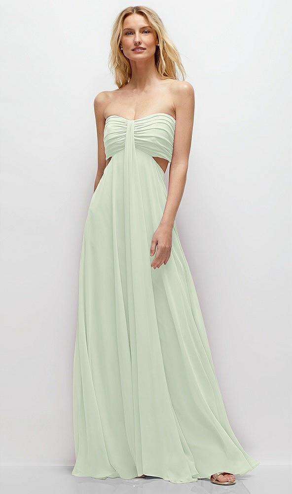 strapless empire waist cutout maxi dress with covered button detail