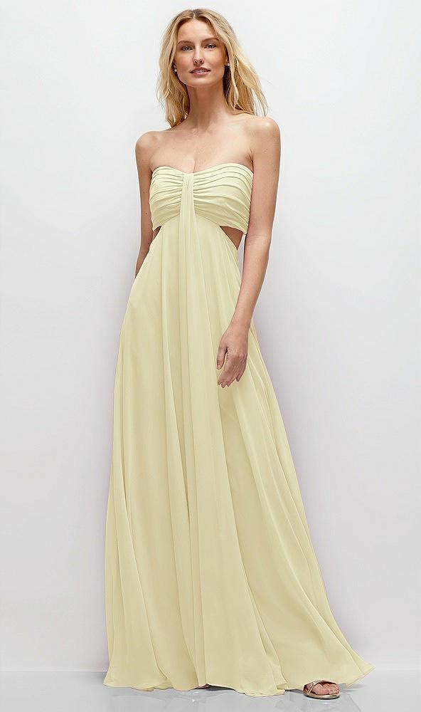 strapless empire waist cutout maxi dress with covered button detail