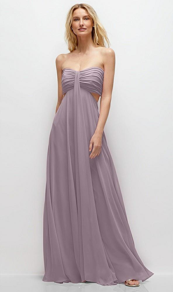 strapless empire waist cutout maxi dress with covered button detail