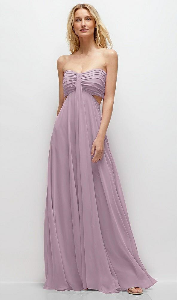 strapless empire waist cutout maxi dress with covered button detail