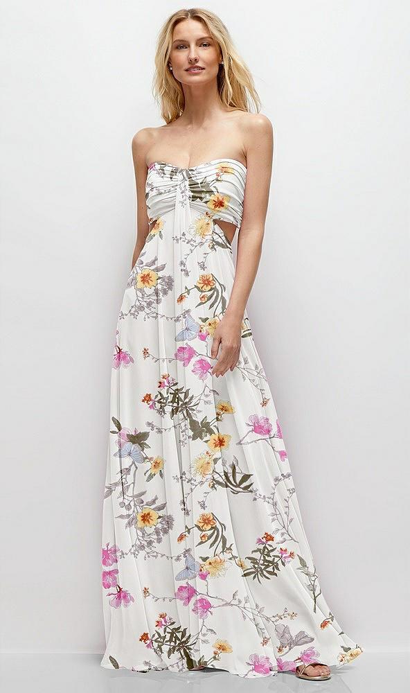 strapless empire waist cutout maxi dress with covered button detail