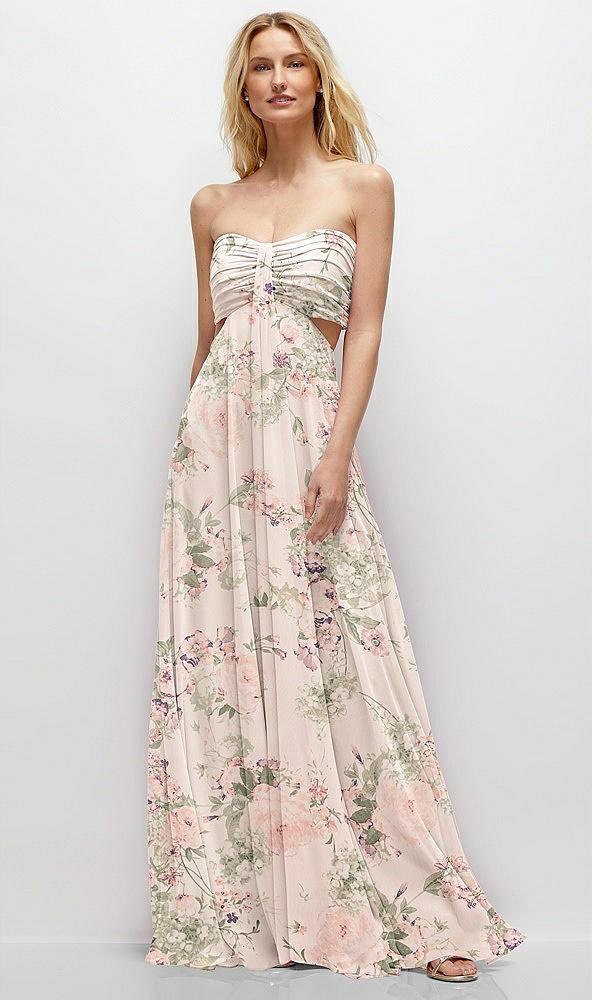 strapless empire waist cutout maxi dress with covered button detail