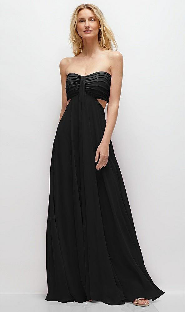 strapless empire waist cutout maxi dress with covered button detail
