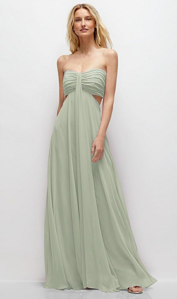 strapless empire waist cutout maxi dress with covered button detail