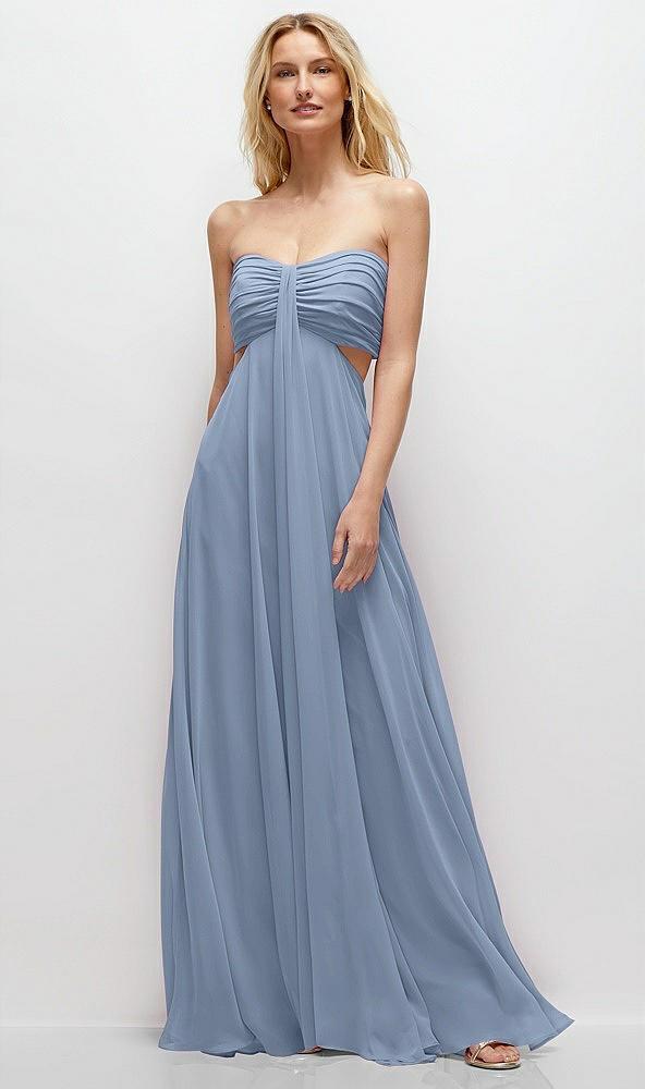 strapless empire waist cutout maxi dress with covered button detail