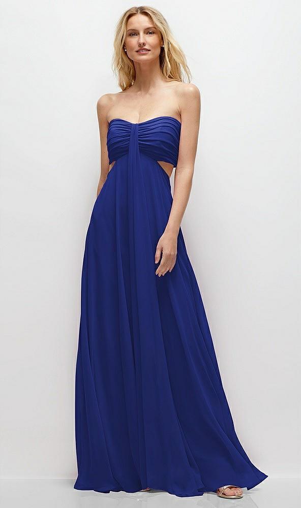 strapless empire waist cutout maxi dress with covered button detail